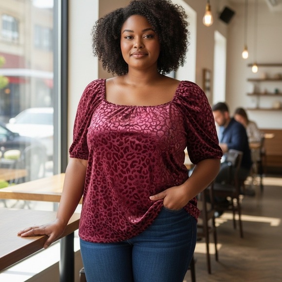 Siren Lily Tops - Siren Lily Blouse Women 2X Burgundy Mob Wife Burnout Velvet Leopard